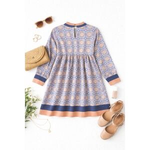Jodifl Boho Tile Print Long Sleeve Mock Neck Ruffle Collar Mini Dress Blue Orang